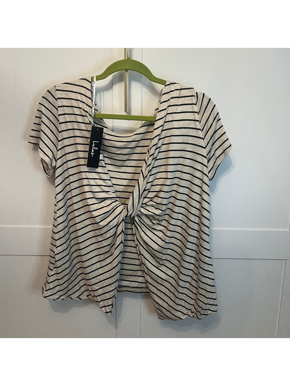 Lulus Boca Twist Back Tee Small NWT Black Oatmeal Striped Open Back Top